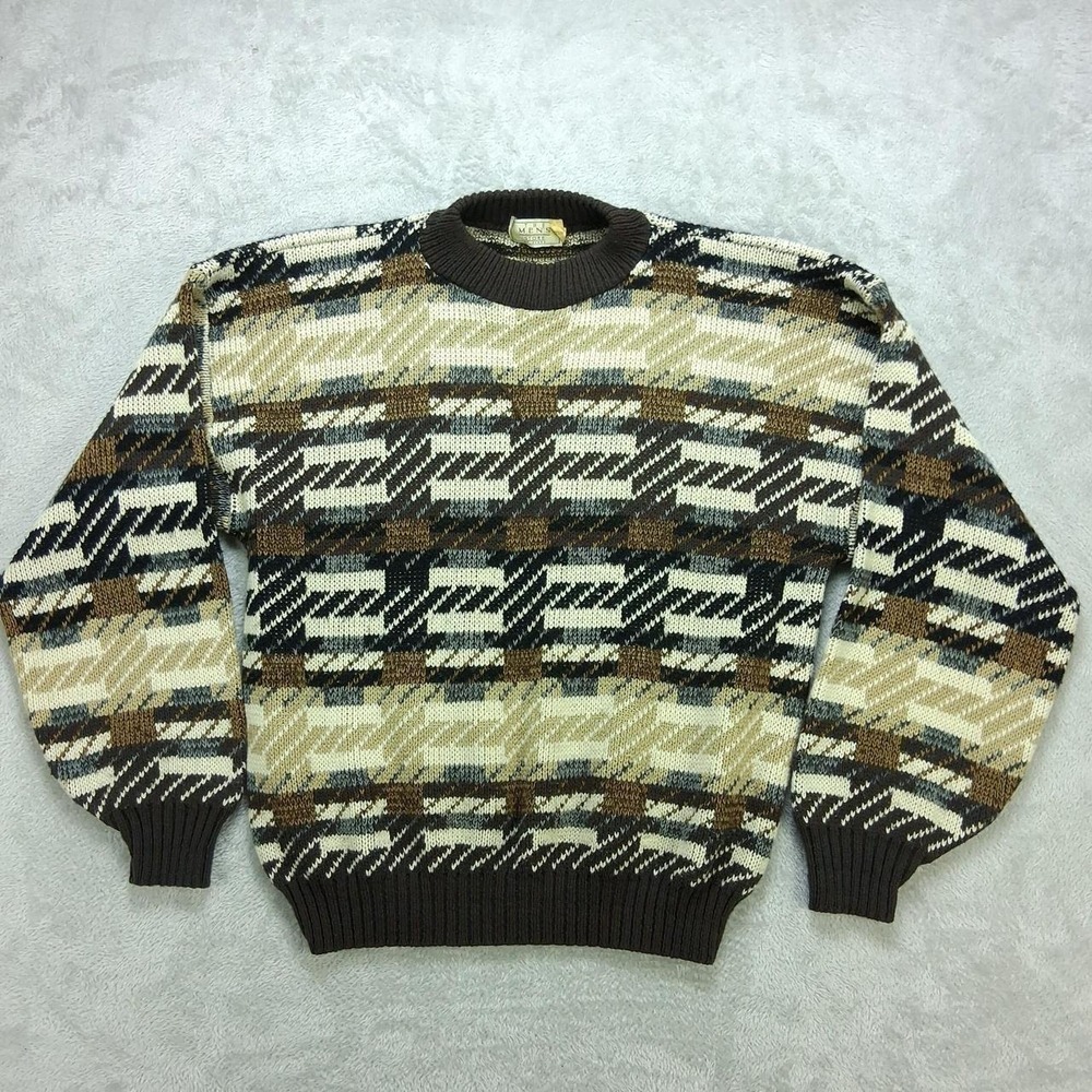 Vintage The Mens Store at Sears Geometric Knit Sweater Brown Tan Crewneck Medium